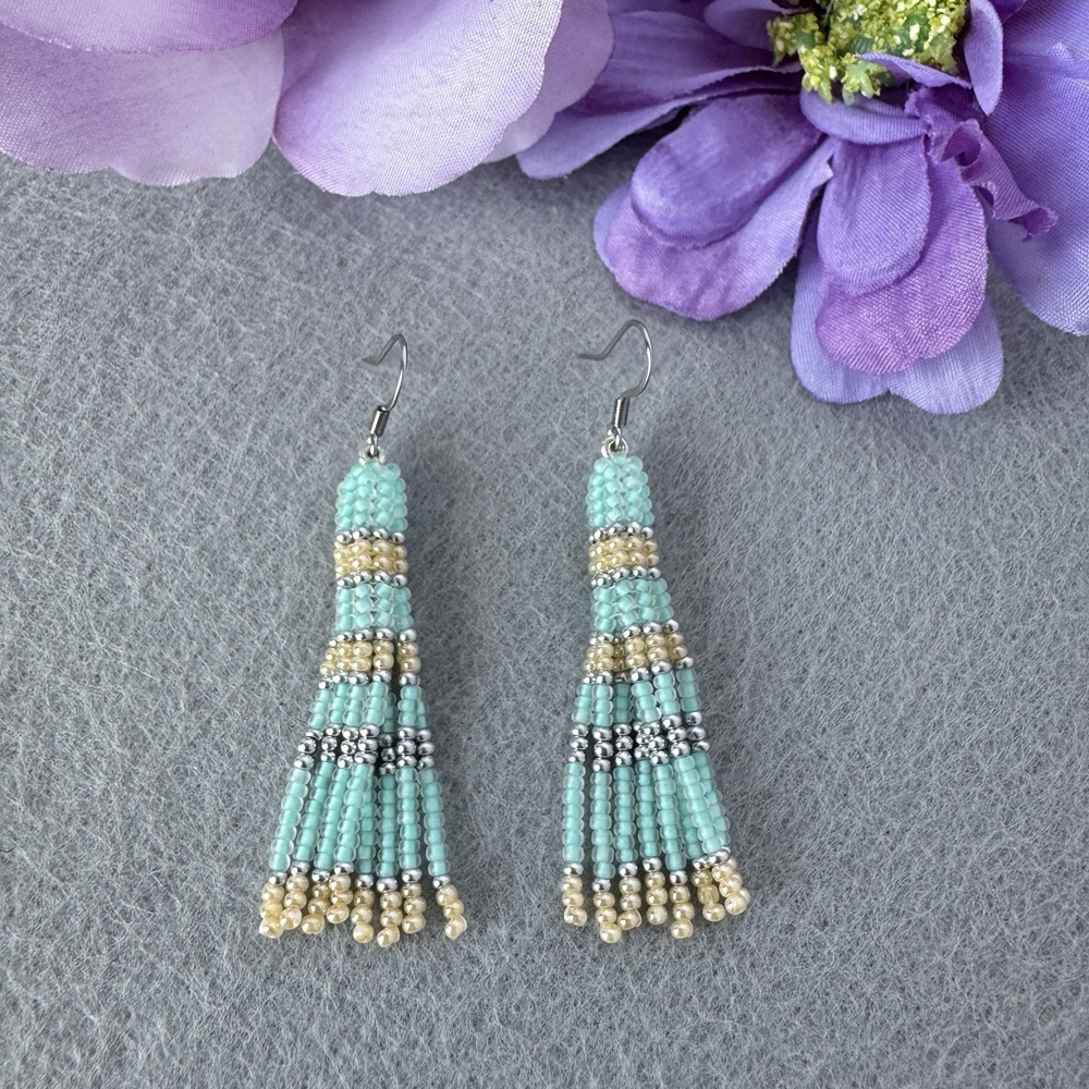 Handmade Seed Bead Tassel Earrings Mint Green Gold Silver Boho Dangle Fringe